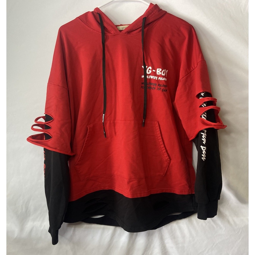 Yuge Fashion Red Black Layered Distressed Graphic Hoodie Mens 3XL Streetwear - Picture 16 of 16